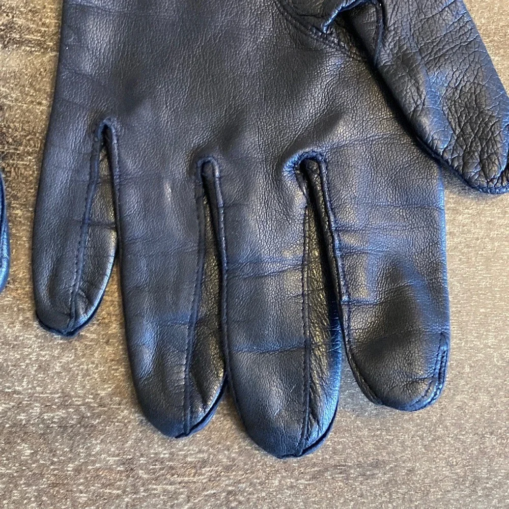 Black Leather Lace Appliqué Gloves Size Large Vintage Look Dark Romantic Classic